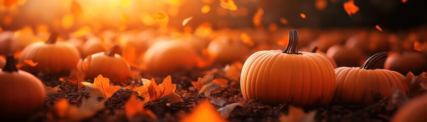 Vibrant orange pumpkins scattered on the ground amidst colorful autumn leaves in a warm, glowing atmosphere.