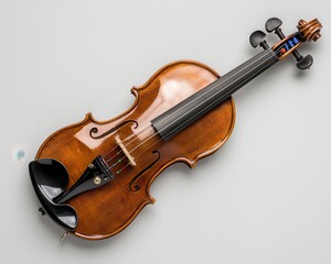 Fototapeta premium A beautiful wooden violin showcased on a neutral background, perfect for musical artistry, performances, and educational use.