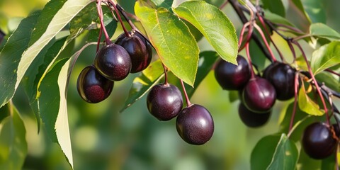 Ripe Saskatoon Berries on a Branch: Organic Summer Harvest