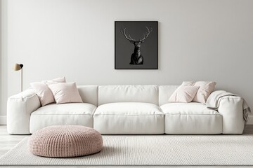 The interior of a minimalist living room is white and has a minimalist sofa, a wooden floor, large wall decor, white landscape in the window, a Nordic decor interior, a 3D illustration of