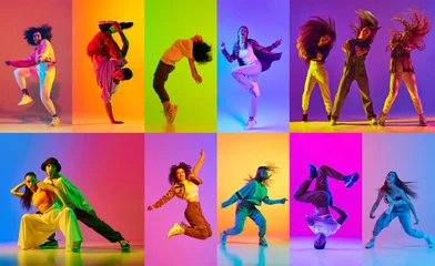 Collage. Dynamic movements of young people, men and women performing hip hop dance against multicolored background in neon light. Concept of art, choreography, creativity. Banner, flyer, ad