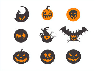 Icônes effrayant d'halloween sur fond blanc, citrouilles, chauves-souris, fantômes, araignées, maison hantée, logo terrifiants