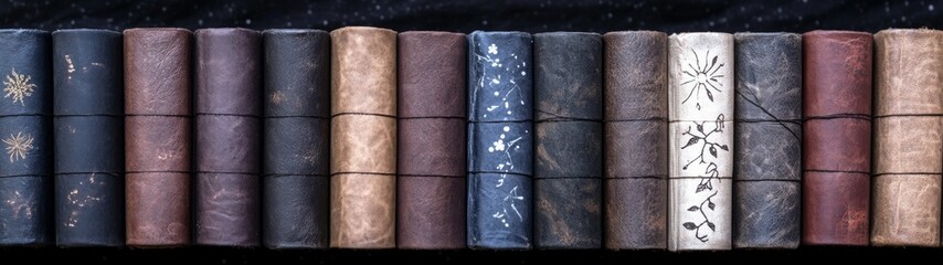 Vintage leather book cover textures in rich brown and burgundy, ideal for a classic scholarly backdrop, warm tones create an intellectual atmosphere with ample free space.