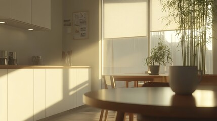 Modern architecture concept idea, minimalist kitchen with island, zen interior design concept with potted bamboo plant