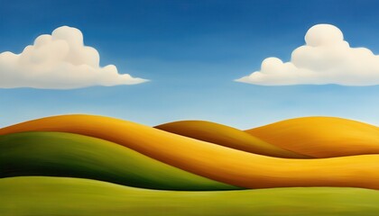 Obraz premium A serene landscape featuring rolling hills in vibrant colors under a bright blue sky with fluffy clouds, perfect for relaxation.