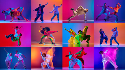 Collage. Dynamic movements of young people, men and women performing hip hop dance against multicolored background in neon light. Concept of art, choreography, creativity. Banner, flyer, ad