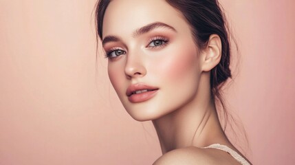 Fototapeta premium A woman with a pink background and a pinkish face with a pinkish lipstick
