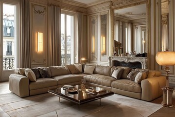 Fototapeta premium Featuring generative AI, this modern living room features a brown leather sofa in an elegant design.