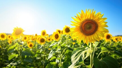 Obraz premium Bright yellow sunflowers blooming in a vast field under a clear blue sky, with sunlight streaming through