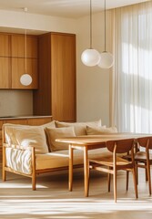 3D rendering of a Japandi style apartment room with built-in dining table, cabinets, and kitchen counter.