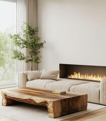 In generative AI, stone tiles decorate the fireplace of a modern living room with sofa.