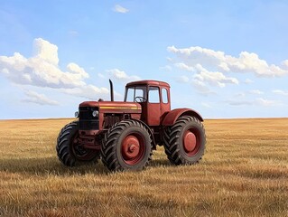 Obraz premium A vintage tractor rests in a golden field under a bright blue sky with fluffy clouds, showcasing agricultural beauty.