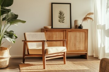 Elegant interior design with a wooden commode, a plant composition, decorative items, and a mock up poster frame in black on a beige wall. Template. Creative.