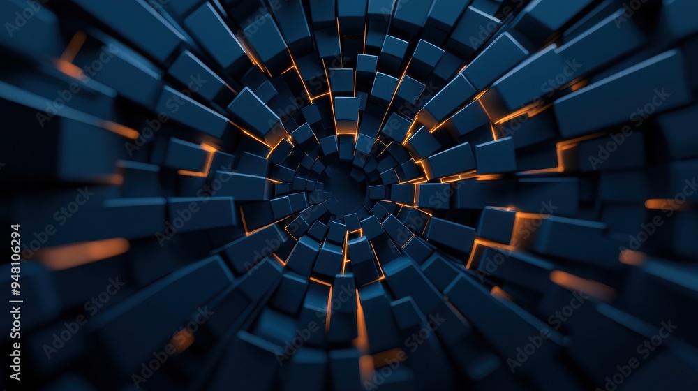 Poster an intricate abstract design featuring dark blocks with glowing orange highlights, creating a mesmer