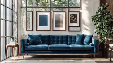 Scandinavian apartment with dark blue sofa and recliner chair. Interior design of modern living room.