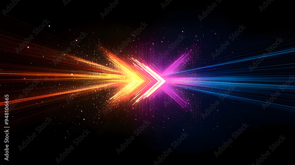 Poster a colorful arrow made of glowing light beams, pointing right at the center on a black background he 