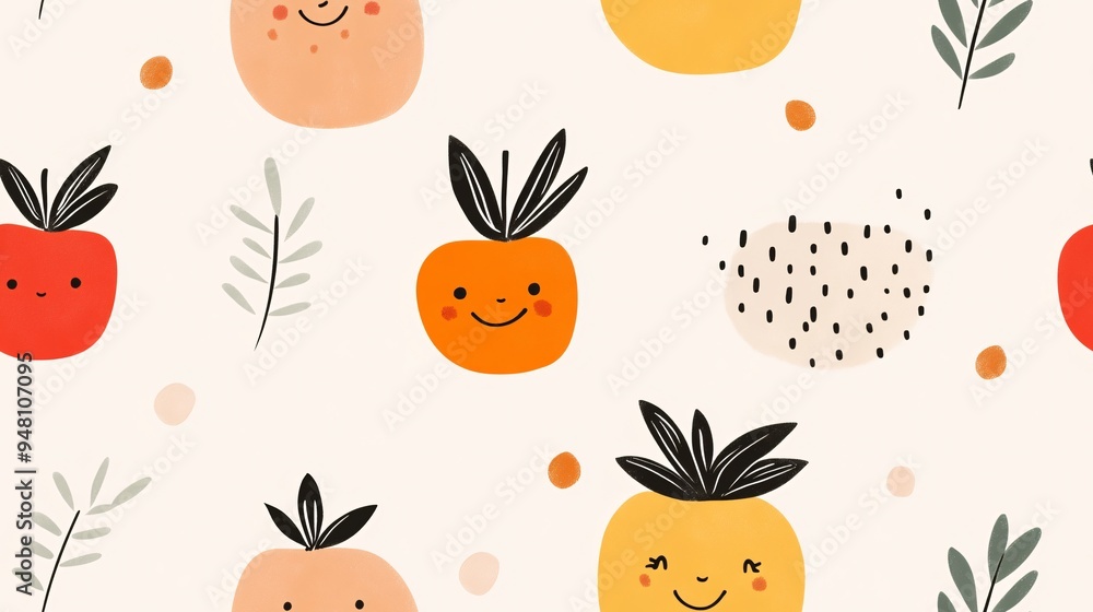 Poster smiling fruits seamless pattern: a cheerful and whimsical pattern featuring adorable smiling fruits 