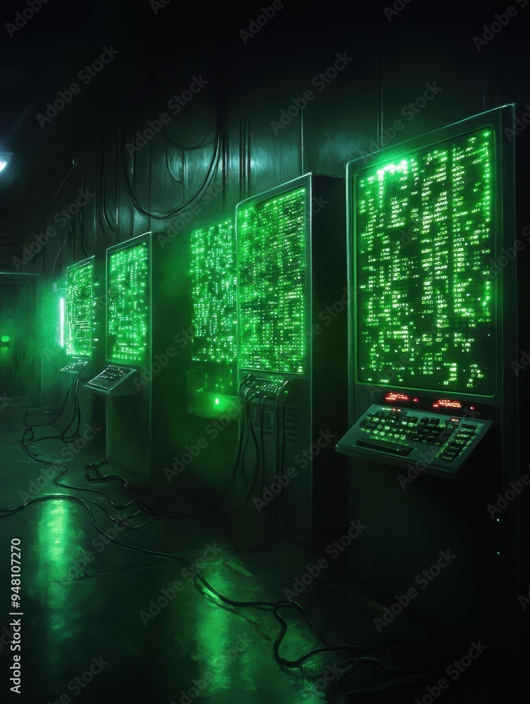 Poster futuristic green technology interface with glowing screens and complex data patterns in a dark envir