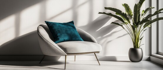A minimalist Scandinavian style home with a gray modern armchair, blue pillow, soft blanket, plant pot, and light colored walls