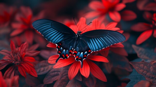 A black butterfly is sitting on a red flower