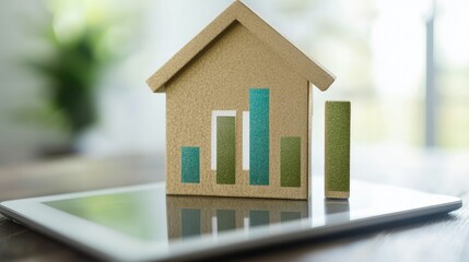 Minimalist home interior, with passive income growth charts on a tablet, symbolizing frugal living and financial independence