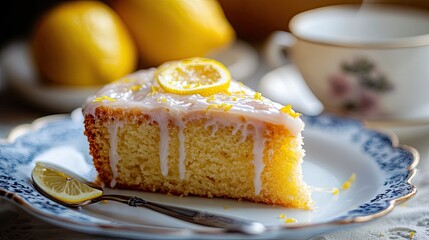 A lemon drizzle cake with a golden crust, topped with a glaze and lemon zest, served with a cup of tea.