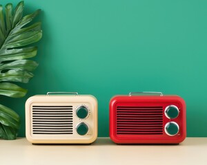 Fototapeta premium Vintage radios in cream and red against a green backdrop, perfect for retro-themed designs or nostalgic products.