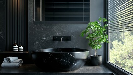 With a chrome faucet in a minimalist interior design of a modern bathroom, this black marble round vessel sink looks great.