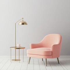 An accent of peach fuzz in a luxurious livingroom. A gray wall for art and peach apricot beige pastel chairs. Modern room design interior home. Accent lounge. Rendering in 3D.