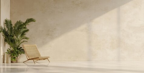 Natural daylight from the window shines through the window in this boho living room interior with an empty beige wall and cozy wicker armchair. Minimalist promotional background with copy space.