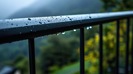 Fototapeta premium Rain drops on a metal railing, with soft focus on the surrounding landscape