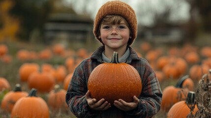 A young boy is holding a pumpkin in a field of pumpkins