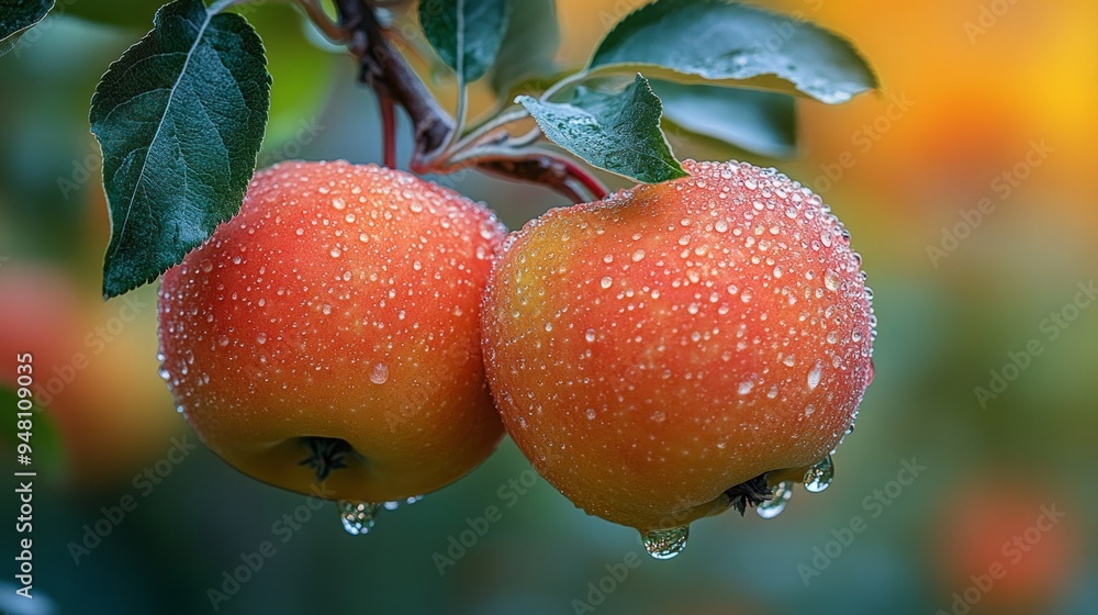 Poster two apples hanging from a tree with raindrops on them