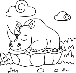 Drawing outline rhinoceros sleeping on a stone.eps