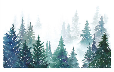 Obraz premium 雪降る森林の水彩イラスト。森林の背景。
