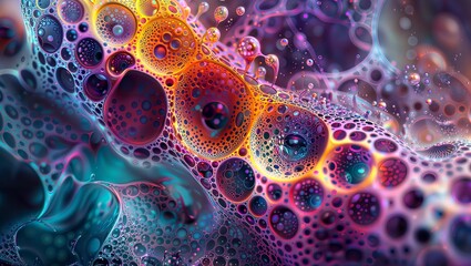 Cosmic Bubble Burst. Vibrant abstract image with colorful spherical shapes and swirling patterns reminiscent of celestial phenomena or microscopic organisms.