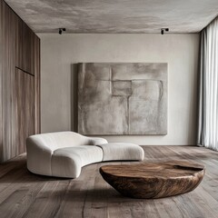 Minimalist, art deco interior design of modern living room and home with grunge old accent coffee table near white sofa against arched window.