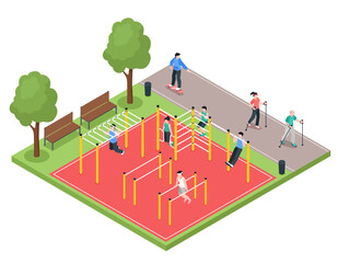 Outdoor training isometric cartoon composition