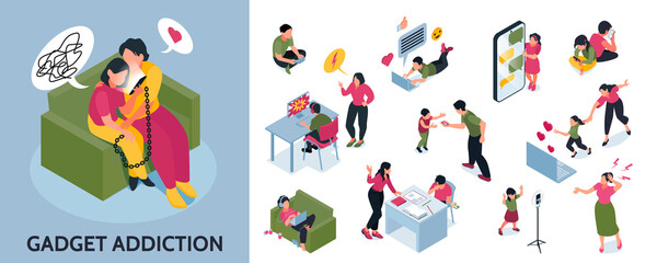 Gadget addiction illustration and icons in isometric design