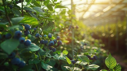 Blueberry plant with fruit in green house plantation farm