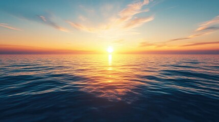 Obraz premium Sunrise over a still blue ocean, with golden light spreading across the horizon and reflecting on the water