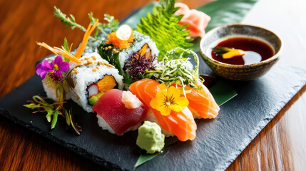 Colorful sushi platter with assorted fish and vegetables, garnished with edible flowers and served with soy sauce on a slate board