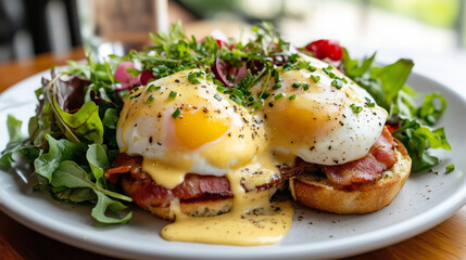 A visually stunning eggs benedict dish with perfectly poached eggs over Canadian bacon and toasted English muffins, smothered in a rich and creamy hollandaise sauce, garnished with chives and a side