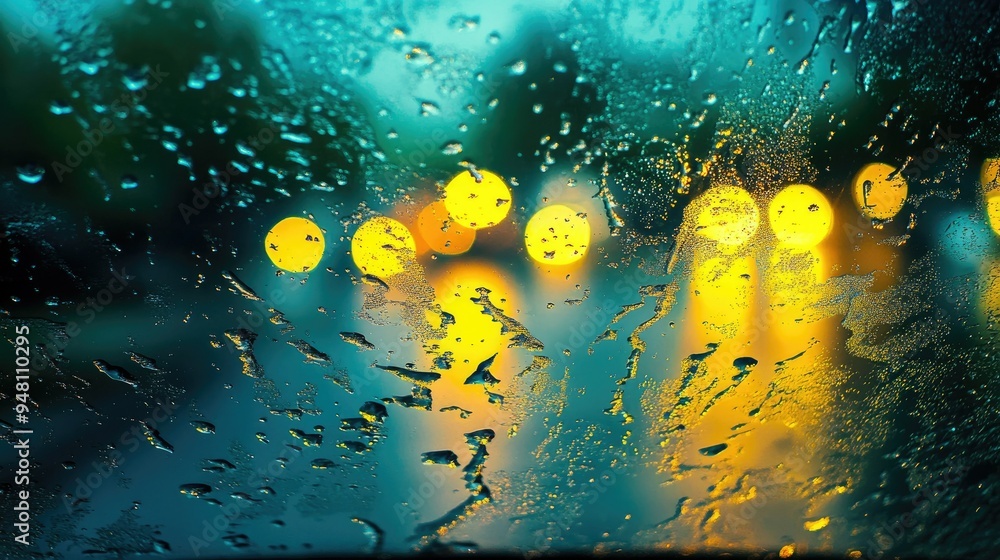 Poster water drops creating intricate patterns on a car windshield during a light rain