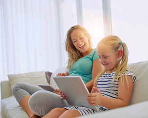 Excited, child and pregnant woman on sofa with tablet for maternity research, information or blog. Pregnancy, relax and mother with girl kid in living room with technology for prenatal ebook at home.