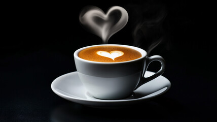 A fresh cup of coffee with heart-shaped steam rising from it, placed on a sleek black surface, creating a contrast of warmth and elegance. Ai generated