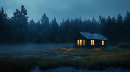 A small cabin is lit up by a light inside
