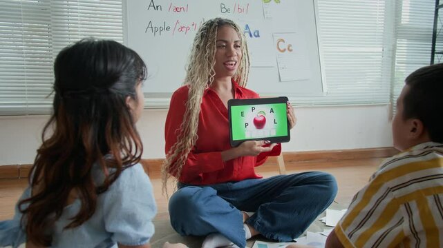 Long shot of young Latin woman holding digital tablet with educational materials during speech therapy class with schoolkids