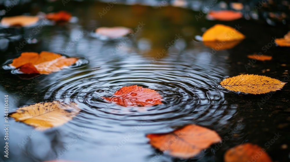 Poster water drops creating ripples in a puddle, with autumn leaves floating on the surface