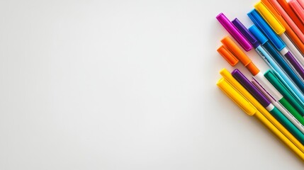 Obraz premium Assorted colorful felt-tip markers arranged in the corner of a white background, perfect for education, creativity, or office concepts with copy space